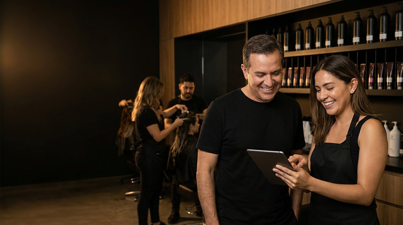 Distribuidor Tahe revisando resultados con la dueña de un salón